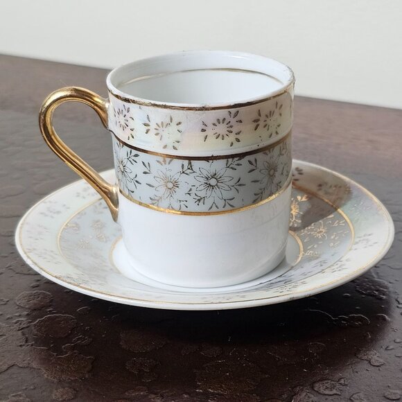 Vintage LightBlue Porcelain Tea Cup Saucer Set Gold Floral Design Demitasse Mini - Picture 3 of 7